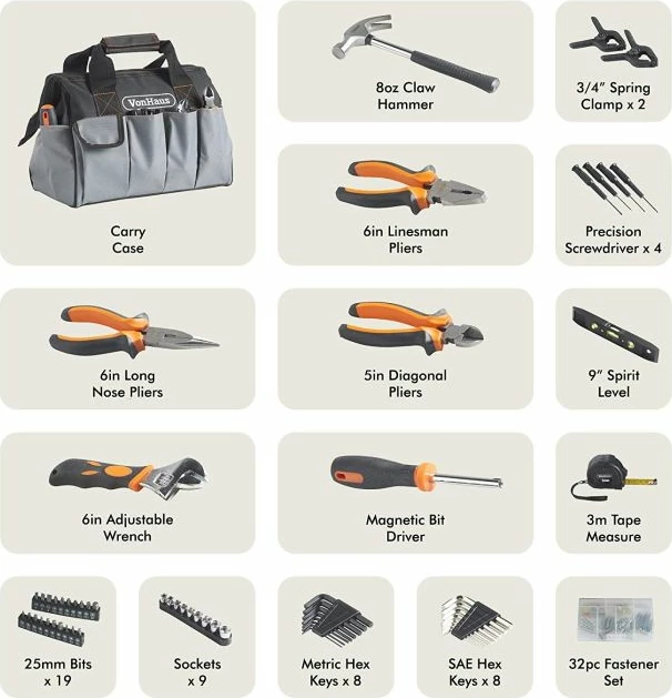 Set veglash VONHAUS 15/251, 92 copë me çantë pune, gri/zi