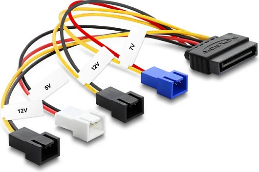 Kabllo energjie DeLOCK SATA 15-pin në 4x 2-pin fan, 20 cm, 12V/7V/5V