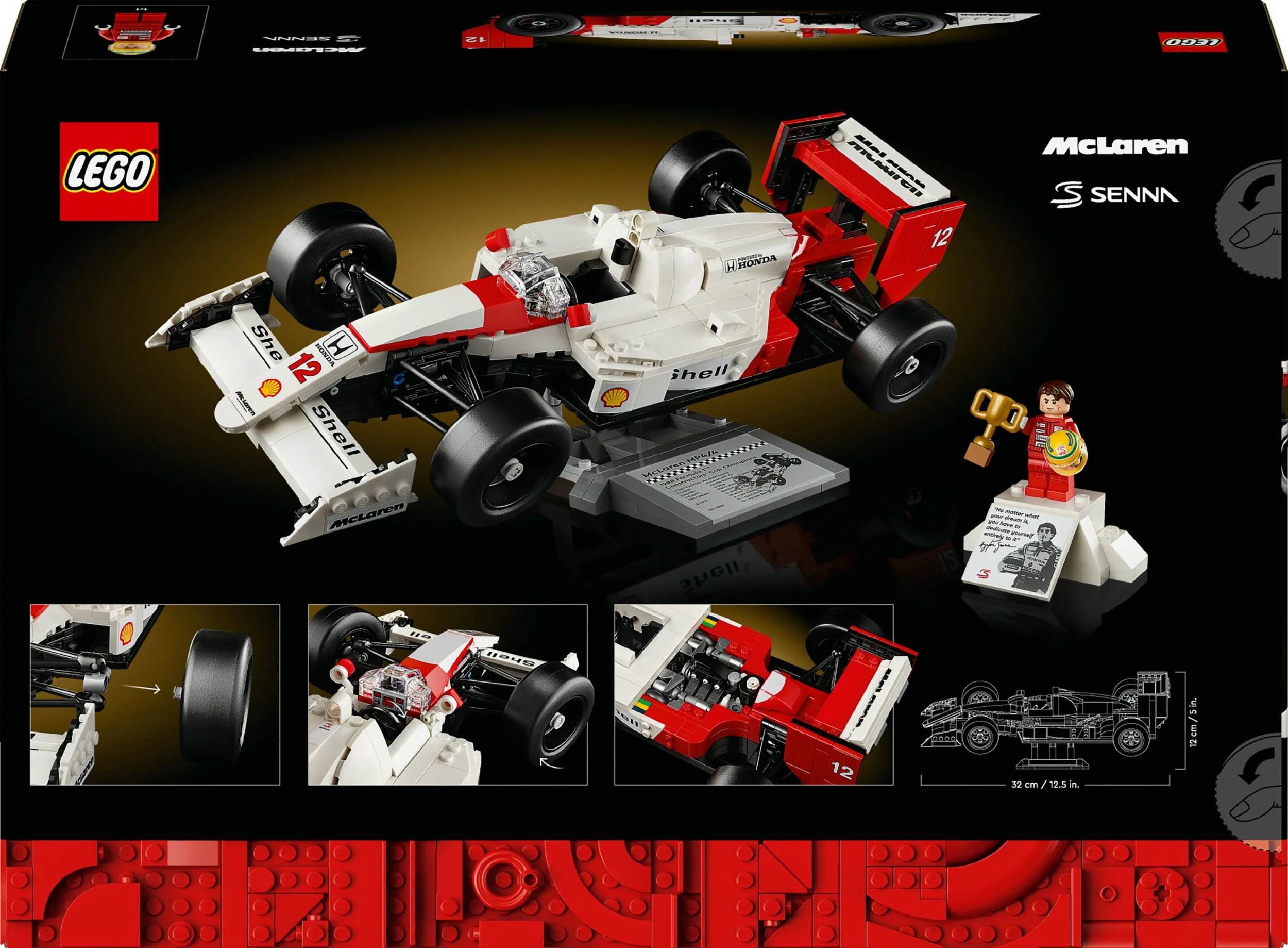Set ndërtimi LEGO Icons McLaren MP4/4 & Ayrton Senna 10330, 693 pjesë, 18+, bardhë/kuqe