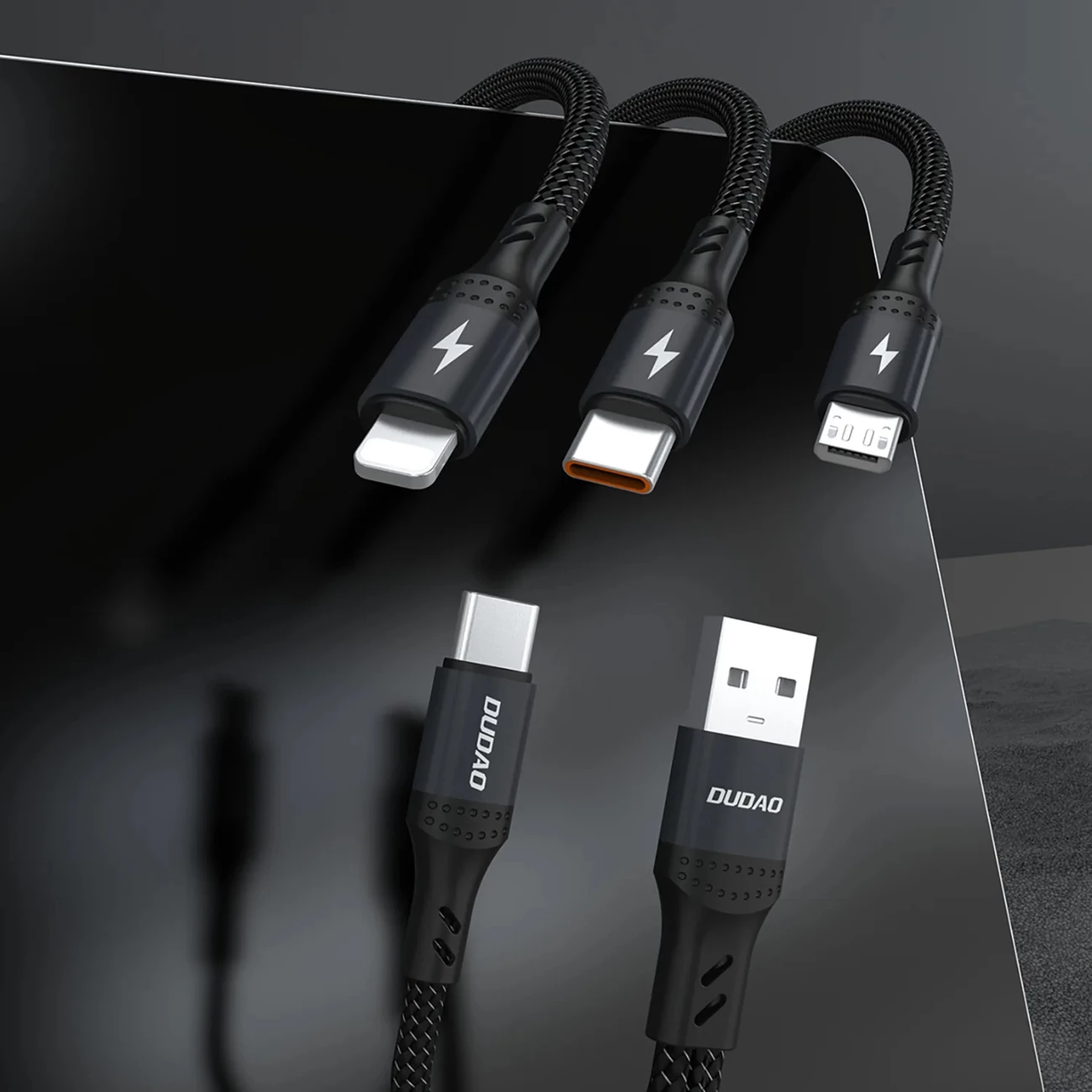 Kabëll karikimi dhe të dhënash 3-në-1, Dudao L3W, 1.2 m, 66W, USB-A/USB-C në Lightning/USB-C/MicroUSB, e zezë