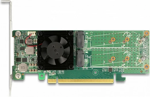 Kartë adapter PCIe x16 DeLOCK për 4x M.2 NVMe Key M, low profile, me ventilator, e gjelbër