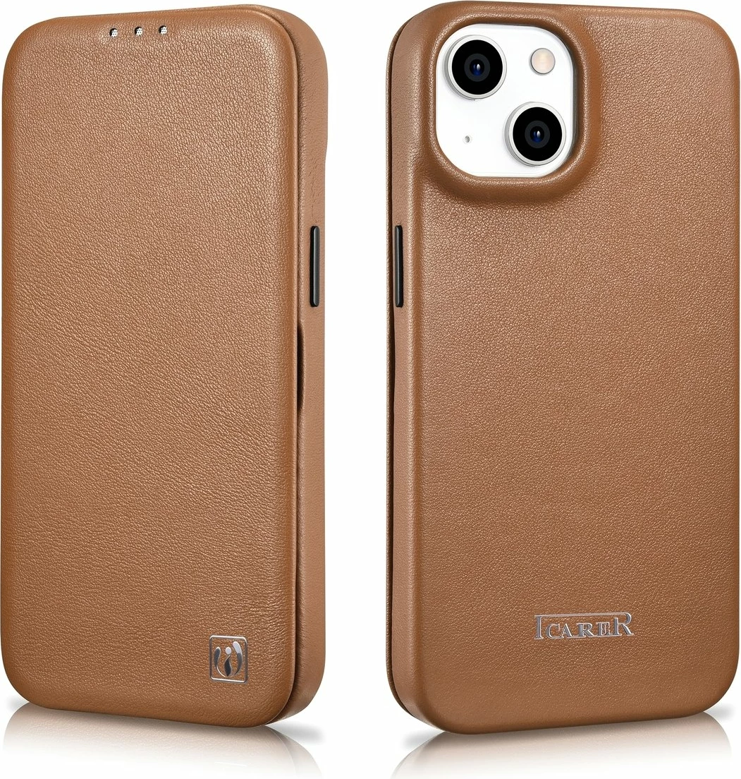 Mbështjellës lëkure iCarer CE Premium Folio për iPhone 14, MagSafe, kafe