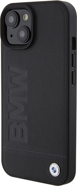 Mbështjellës BMW Leather Hot Stamp për iPhone 15 Plus, e zezë