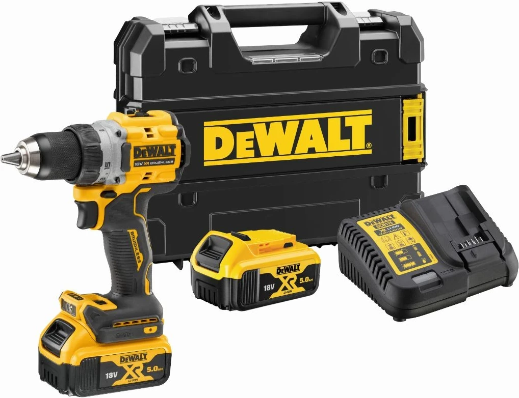 Trapan/vidalues me akumulator Dewalt DCD800P2T 18V XR Brushless 2x5.0Ah me TSTAK, verdhë/zi, set