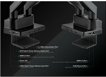 Mbajtëse tavoline për dy monitorë MANHATTAN, krah me gaz 17-32", VESA 75x75/100x100, docking 8-në-1 PD 100W, e zezë