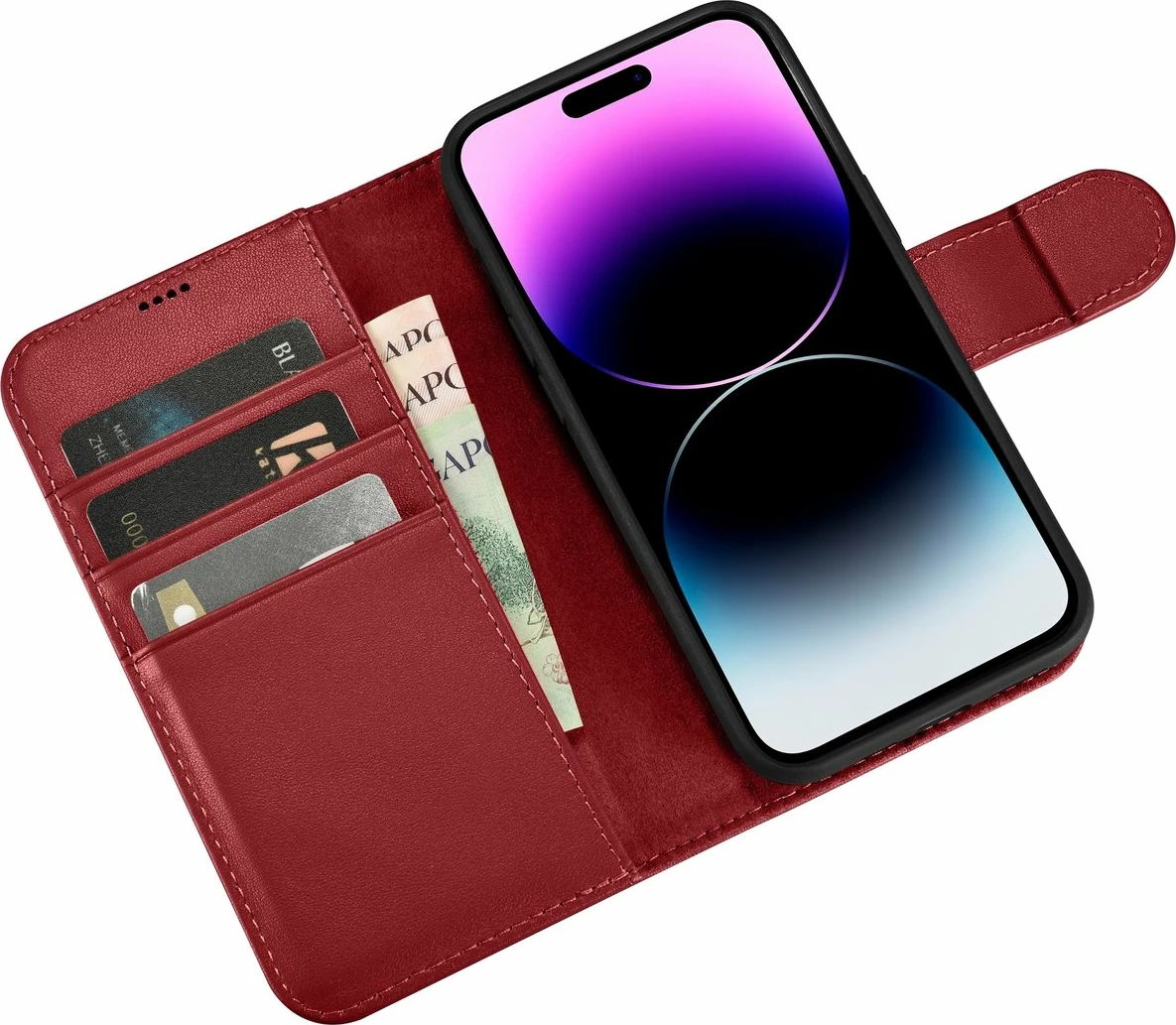 Mbështjellës iCarer Wallet Case 2in1 për iPhone 14 Pro Max, lëkurë, Anti-RFID, e kuqe