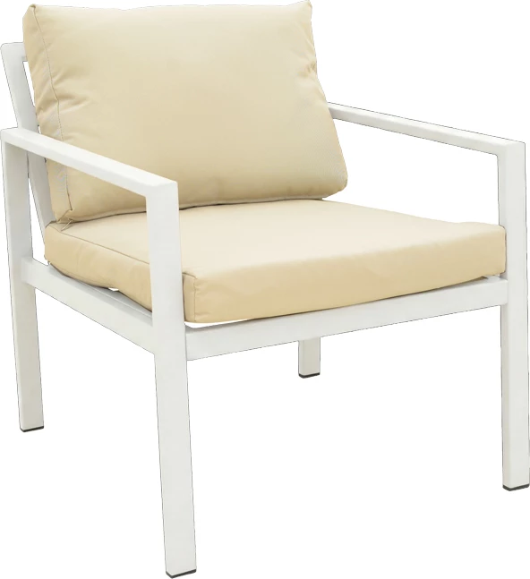 Set lounge për jashtë, 4 pjesë, kornizë alumini e bardhë, jastëkë gri-bezhë