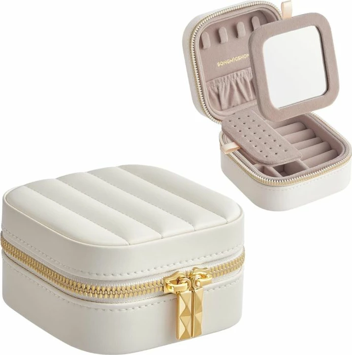 Kuti bizhuterish udhëtimi SONGMICS HOME ANAH JBC179W01 10.5×10.5×6 cm me pasqyrë, zinxhir, PU/velur, Cloud White