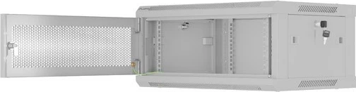 Kabinet rack muri 19", Lanberg WF01-6404-23S, 4U 600x450, derë e perforuar, 4 shina, 2 vende ventilatori, IP20 60 kg, gri, Flat Pack
