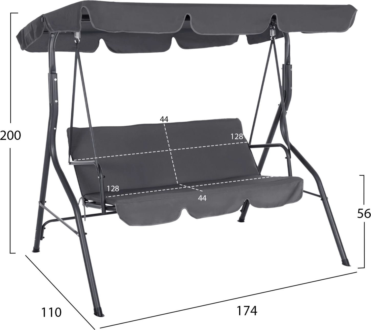 Luhatëse për verandë 3-vendëshe me mbrojtëse dielli LIKID FH5979.01 kornizë metalike dhe pëlhurë gri 170x110x153Hcm