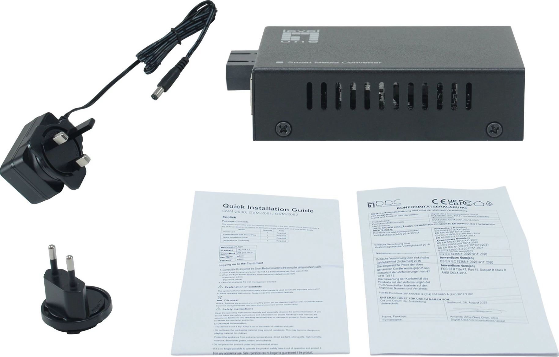 Media konverter LevelOne RJ45 në SC, Gigabit, Single-Mode 1310nm 20km, i zi