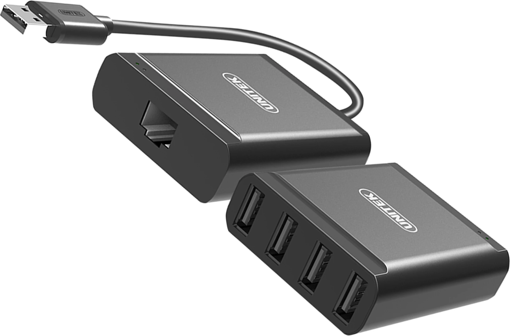 Hub USB Unitek Y-2516, 4 porta, USB 2.0 480 Mbps, zgjatje deri 60 m përmes UTP Cat5/5e/6, i zi, set me adapter rryme