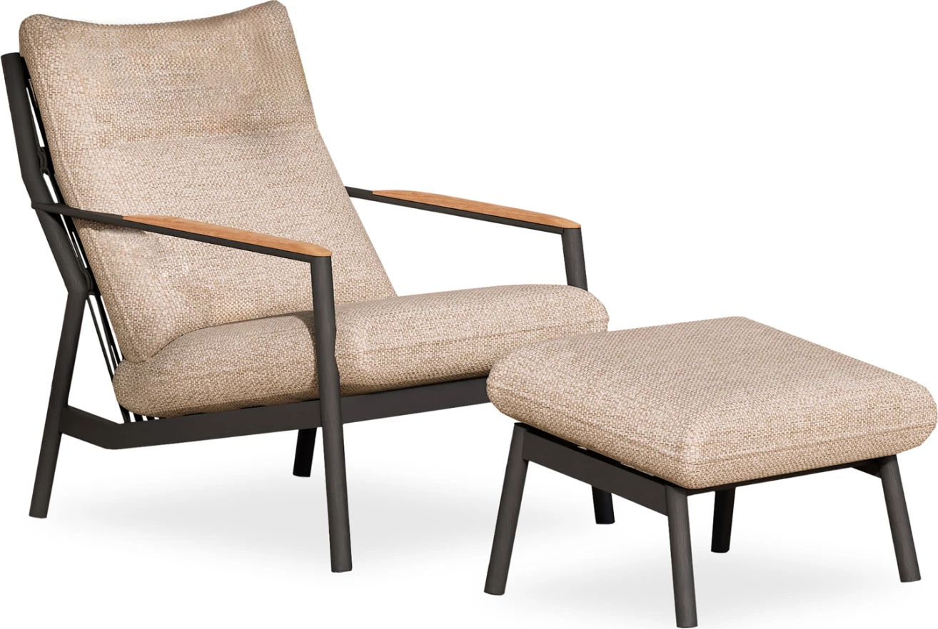 Fotel relaksues me këmbështetëse, alumin ngjyrë qymyr, litar gri, jastëkë bezhë, dru tik, OBLIVION CD6438.01, 79x101x89H