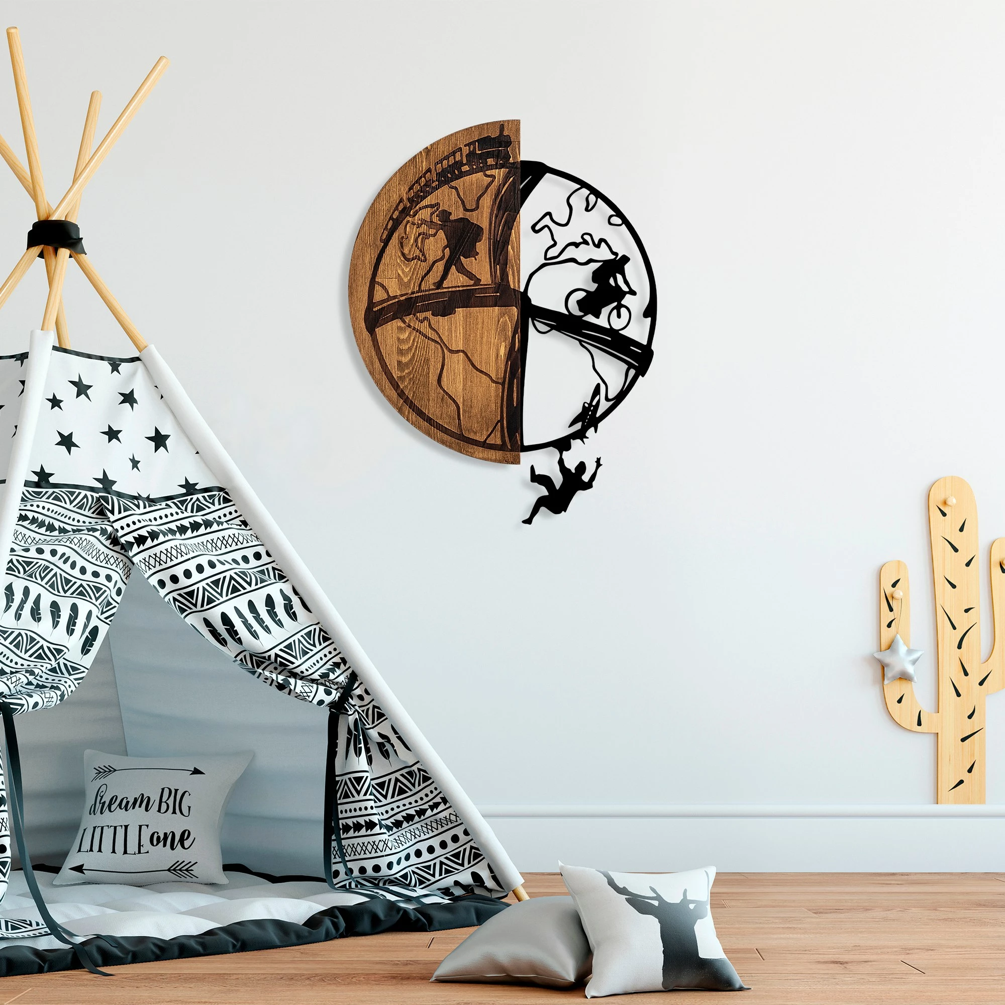 Aksesor dekorativ prej druri për mur, Wallity, Globetrotting, ngjyrë arre dhe e zezë, 50x66cm