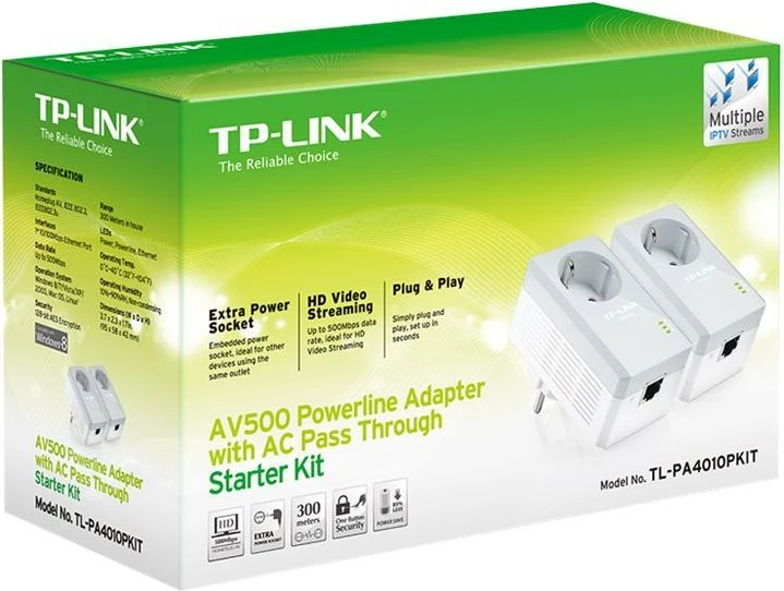 Adapter powerline me prizë kaluese, TP-Link TL-PA4010P KIT, AV500 500 Mbps, 1 port, Plug & Play, komplet