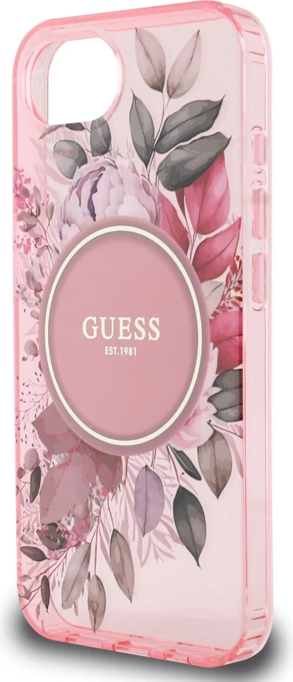 Mbështjellës Guess IML Flowers MagSafe për iPhone 16e, Rozë