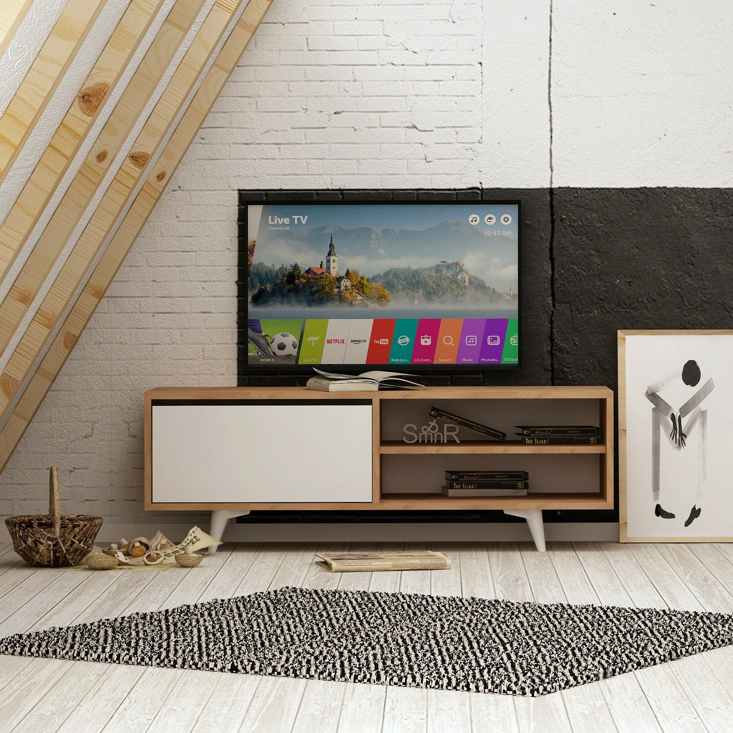 Komodë TV Hanah Home, Maku, ngjyrë lis dhe e bardhë