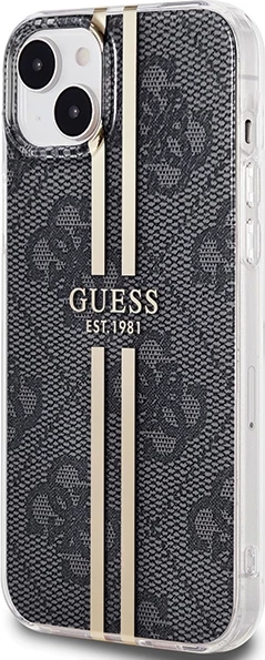 Mbështjellës Guess IML 4G Gold Stripe për iPhone 15 Plus / 14 Plus, i zi