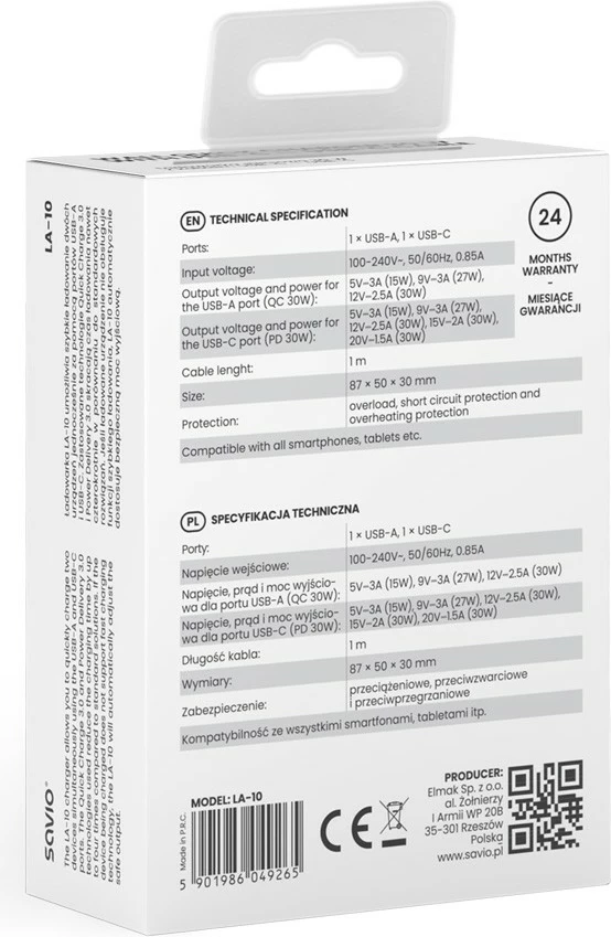 Karikues muri Savio LA-10 me kabllo USB-C 30W, Bardhë