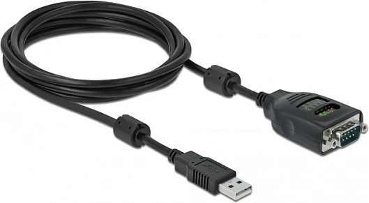 Adapter kabllo USB Type-A në Serial DB9 DeLOCK, 2 m, me tester LED RS-232, i zi