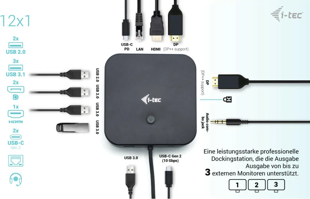 Docking station I-Tec USB-C HDMI Dual DP, 100W, me adapter universal, e zezë