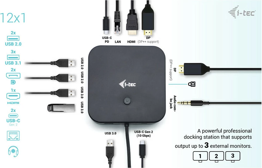 Docking station I-Tec USB-C HDMI Dual DP, 100W, me adapter universal, e zezë