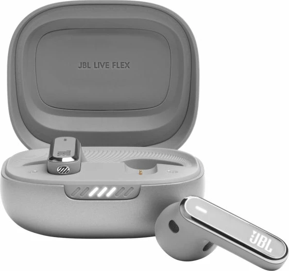 Kufje JBL Live Flex BT5.3, True Wireless, ANC, mikrofon, 40 orë, karikim pa kabllo, IP54, argjendta