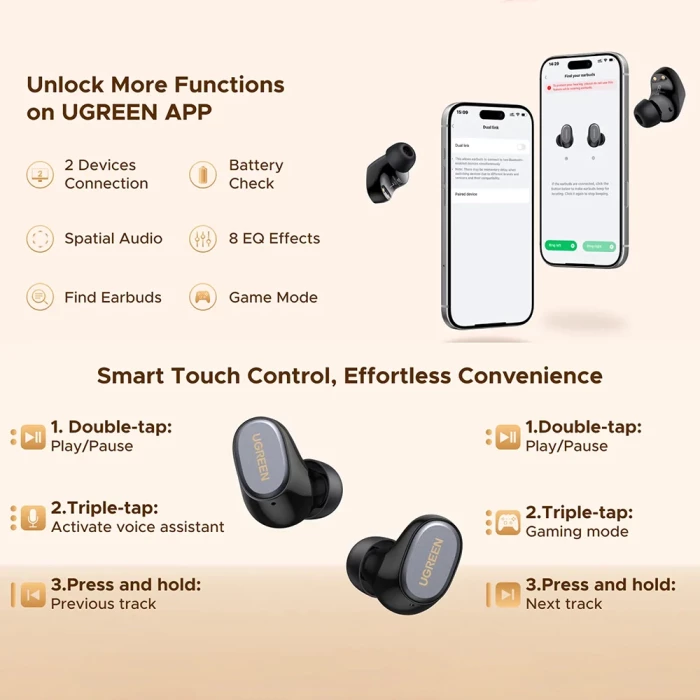 Kufje TWS UGREEN Dots 75628, Bluetooth 6.0, 32h, IPX5, të zeza