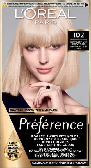 Ngjyrë për flokë L'Oreal Paris Preference 102 për femra, shumë shumë e çelët blond perle, 1 copë