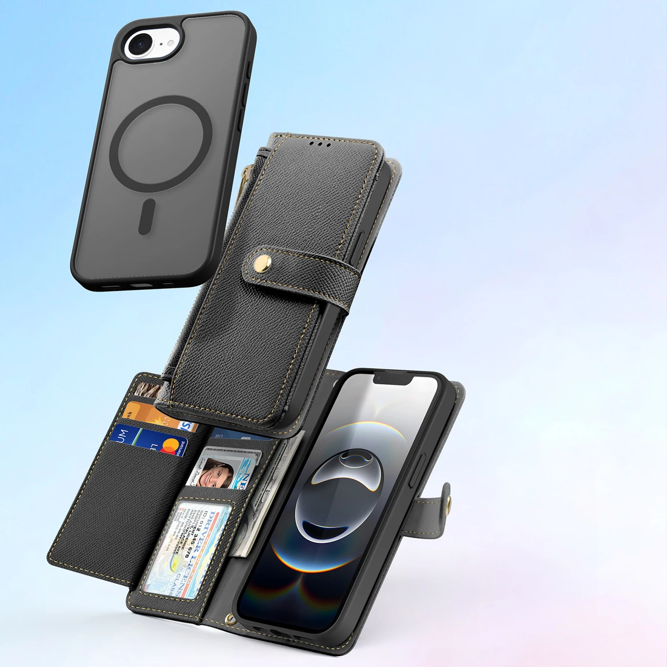 Mbështjellës Dux Ducis Lawa për iPhone 16e, me portofol magnetik, lëkurë, e zezë