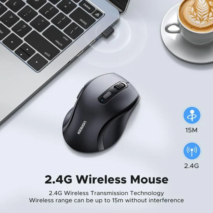 Maus wireless ergonomik UGREEN 45012 2.4GHz 1600 DPI me butona anësor, i zi