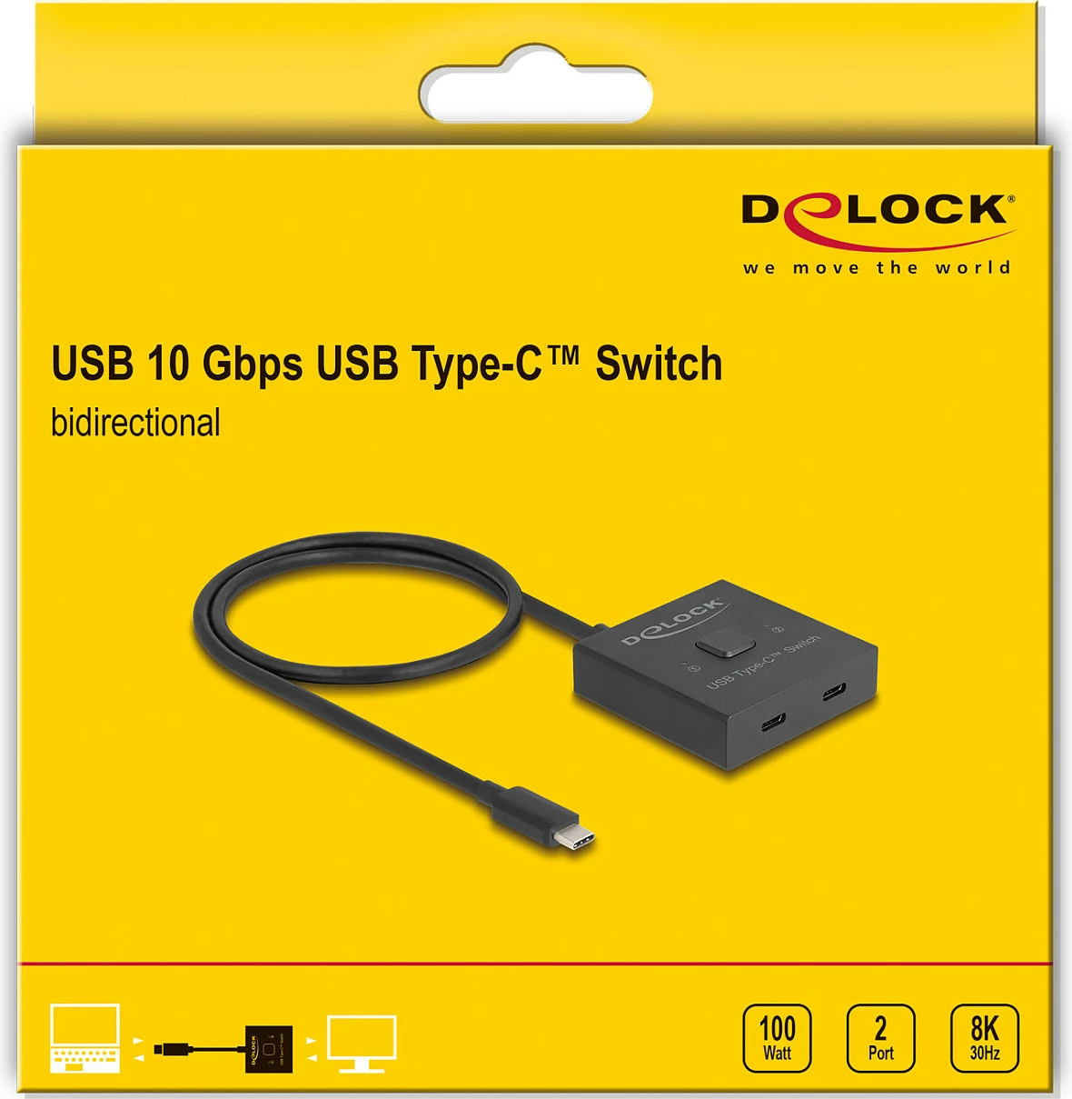 Switch USB-C DeLOCK 2-në-1 bidireksional, USB 3.2 Gen 2, 10 Gbps, 8K, USB PD 100W, i zi