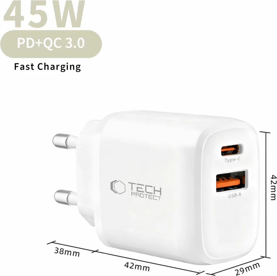 Karikues muri Tech-Protect NCA45W-GAN 45W 2-port (USB-C PD 3.0 + USB-A QC 3.0), me kabllo USB-C në USB-C 1 m, i bardhë
