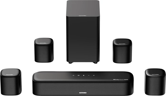 Soundbar Ultimea Aura A60 7.1 Dolby Atmos 350W Bluetooth 5.3, e zezë, set me subwoofer + 4 altoparlantë