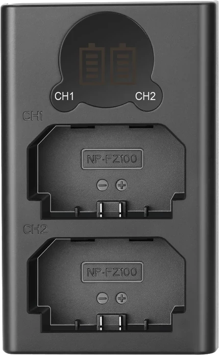 Karikues dual baterie Neewer DL-FZ100 për Sony NP-FZ100, Micro-USB/USB-C, me ekran LCD, set me kabllo Micro-USB