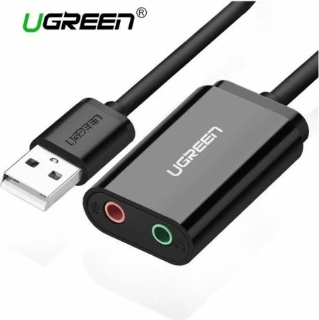 Adapter audio USB 2.0 në 3.5mm UGREEN 30724, dalje kufjesh + hyrje mikrofoni, 15cm, e zezë, me kuti