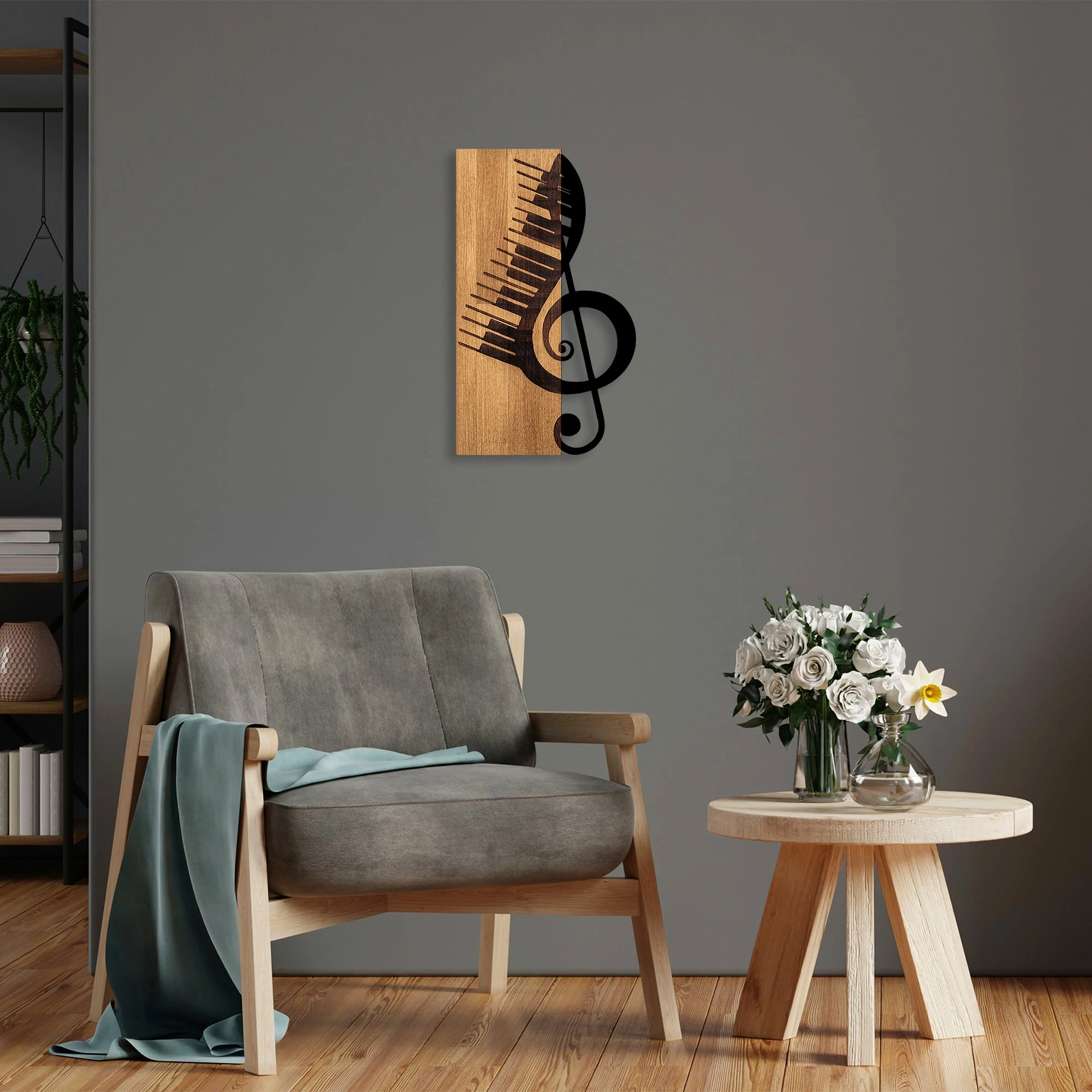 Aksesor dekorativ prej druri për mur, Wallity, motiv muzikor, ngjyrë arre dhe e zezë, 30x50cm