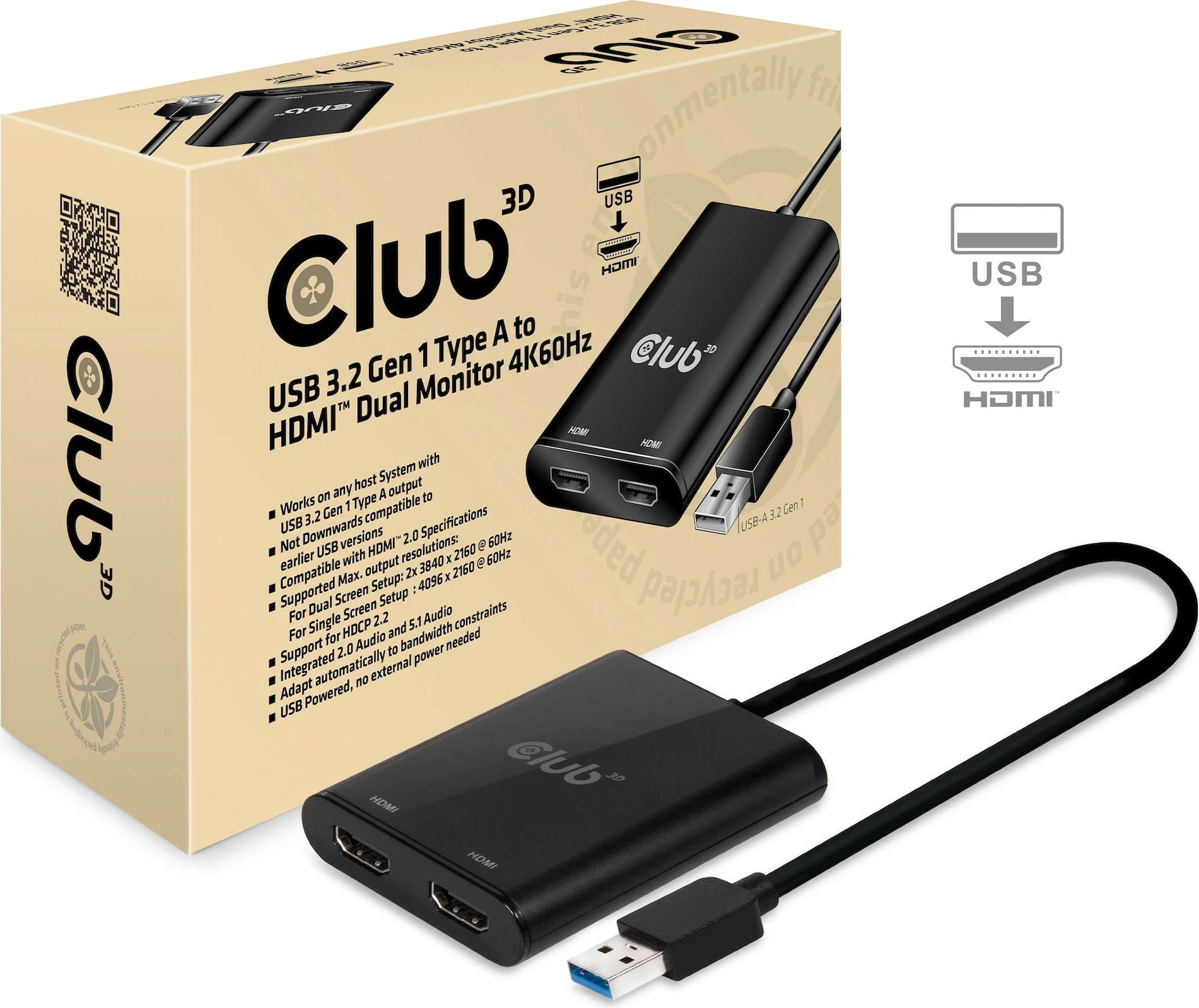 Adapter Club 3D USB-A 3.2 në HDMI 2.0, Dual Monitor, 4K60Hz, i zi