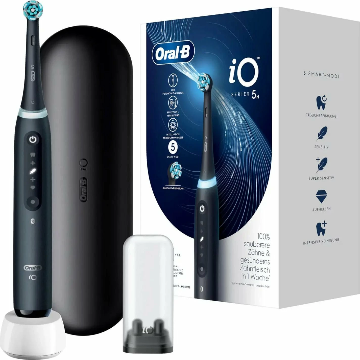 Furçë dhëmbësh elektrike Oral-B iO Series 5, 5 moda, me sensor presioni, me aplikacion, magnetic, e zezë mat, set me 1 kokë + kutizë udhëtimi