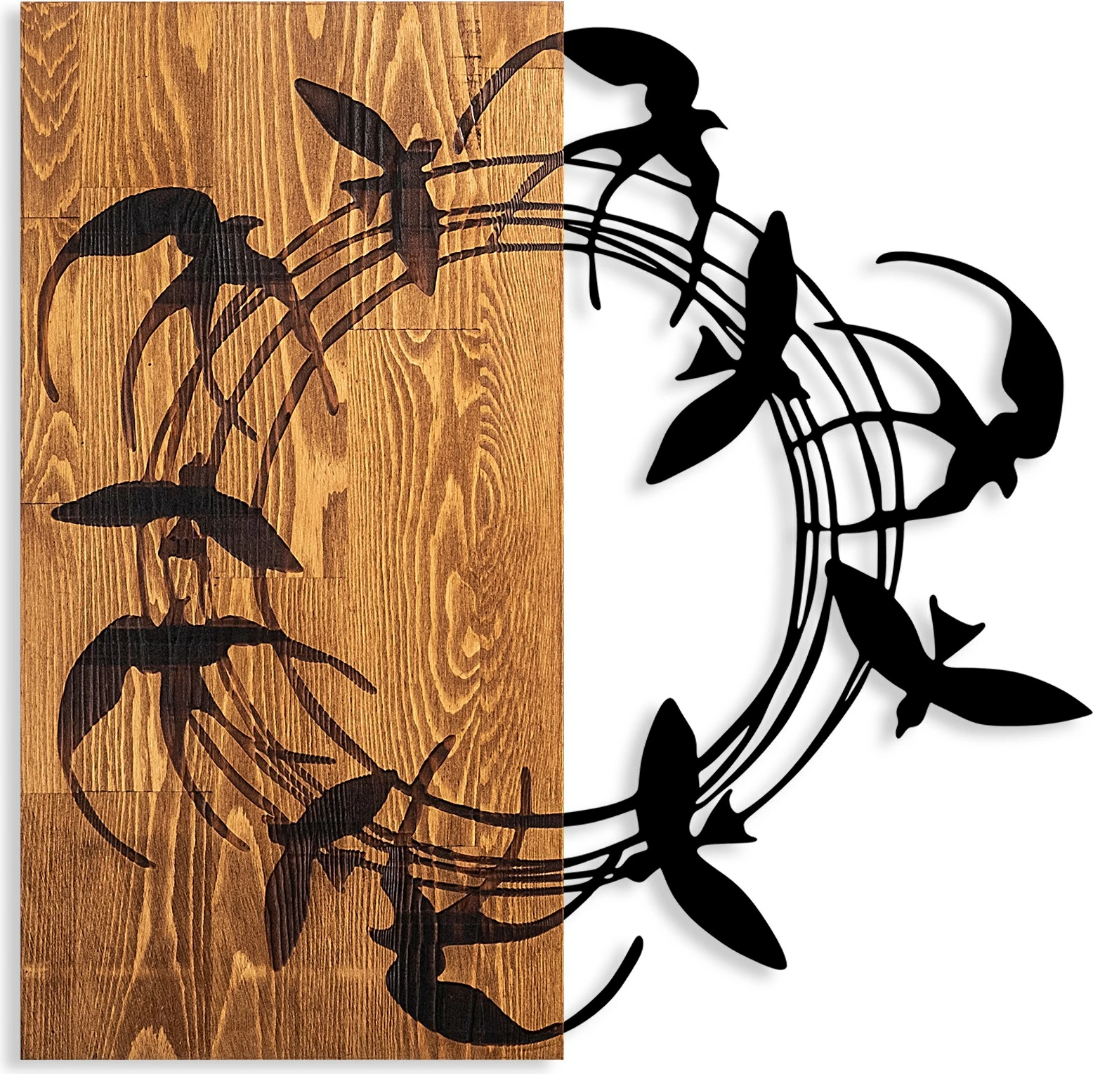 Aksesor dekorativ prej druri për mur, Spiral Birds 1, ngjyrë arre dhe e zezë, 58x58cm