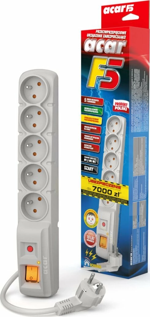 Zgjatues me mbrojtje nga mbingarkesa Acar F5 W0105, 5 priza, 1.5 m, gri