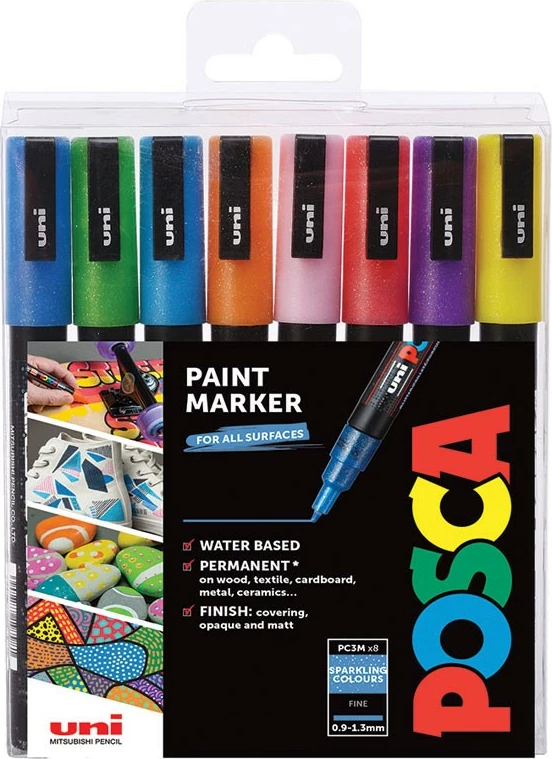 Set markerash Posca PC-3M, 8 ngjyra, majë e hollë 0.9-1.3mm, multingjyrësh