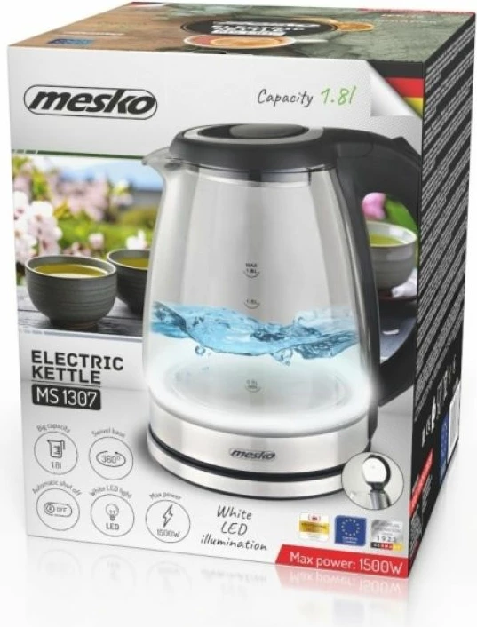 Çajnik elektrik Adler MESKO MS 1307, transparent/çelik/zi