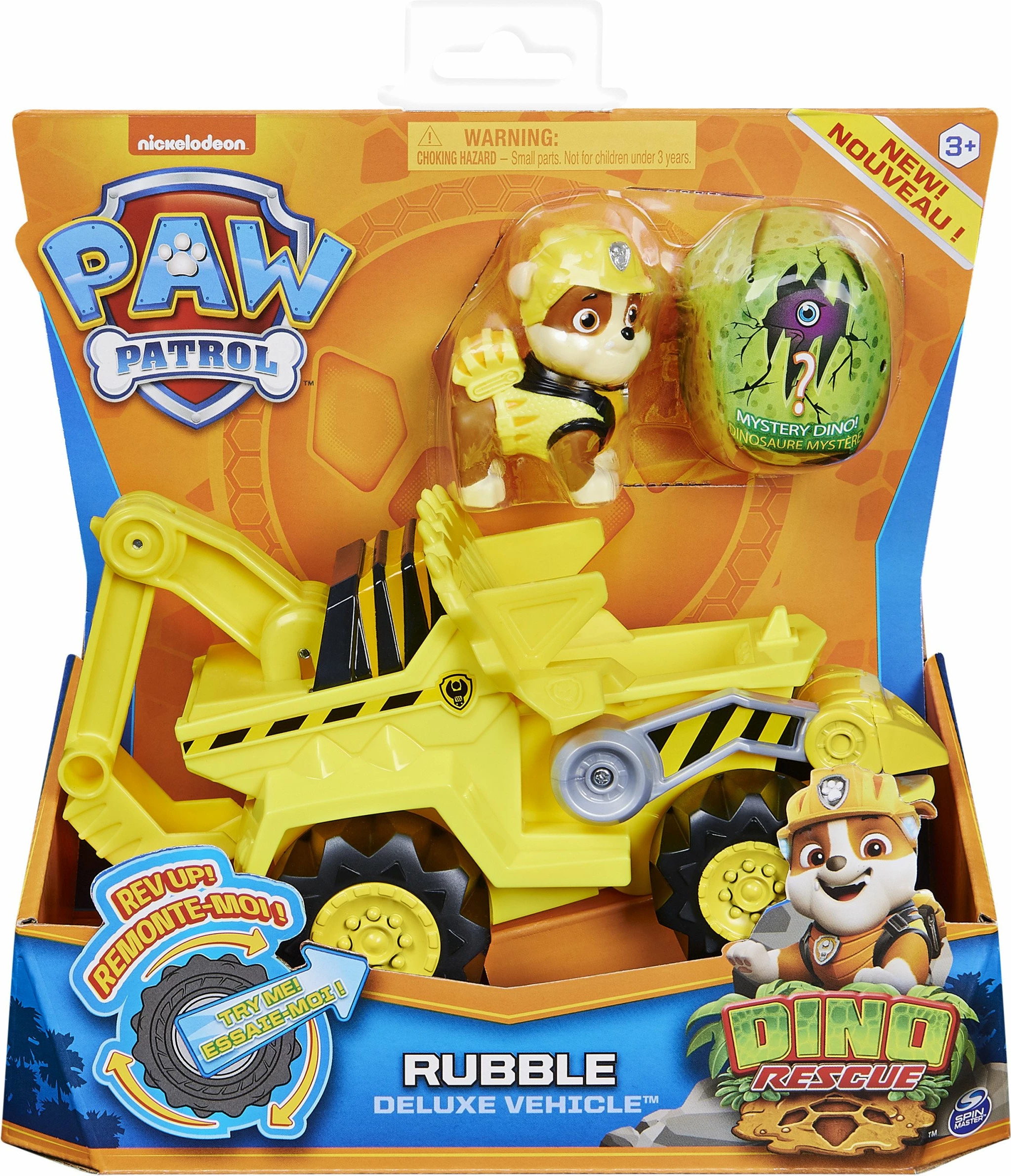 Automjet lodër Spin Master Paw Patrol Dino Rescue Rubble Deluxe Vehicle me mekanizëm tërheqës, figurina dino surprizë, verdhë/zi