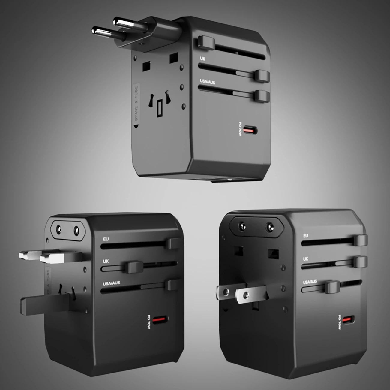 Adapter udhëtimi GaN 70W, SBS, 5 porta USB-A/USB-C, PD, prizë globale EU/UK/US/AU, me pouch, e zezë