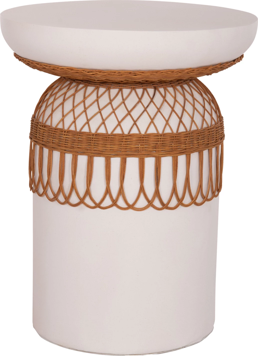 Tavolinë e rrumbullakët për ngrënie PRILEP, fibër-cement, e bardhë, ratan, FH18159.02, 60x76.5cm