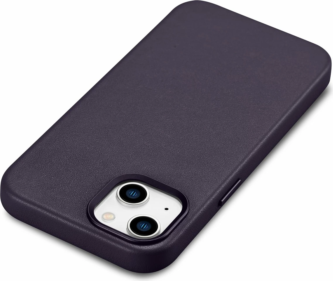 Mbështjellës iCarer për iPhone 14, lëkurë natyrale, MagSafe, Vjollcë e errët