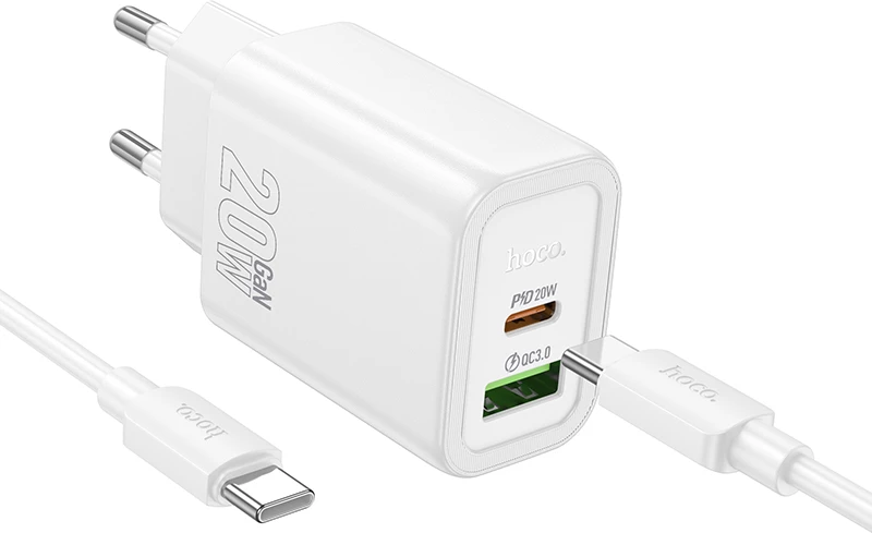 Karikues HOCO N61 GaN PD 20W USB-A + Type-C me kabllo Type-C 1 m, i bardhë