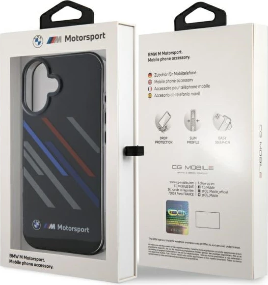 Mbështjellës BMW Motorsport IML Random Stripes për iPhone 16 Plus, Zi