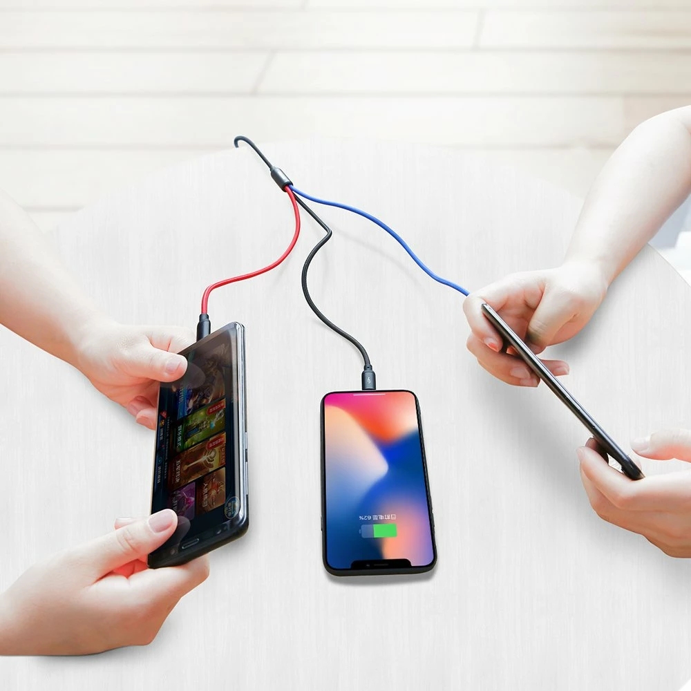 Kabllo 3-në-1 Baseus Three Primary Colors CAMLT-BSY01, 1.2m, USB-A në micro USB/Lightning/USB-C, e zezë/kuqe/kaltër